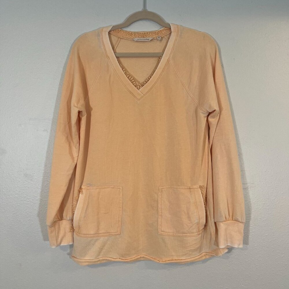 Soft Surrounding Burnout Sweater Peach Lace V-Neck Pockets Peach‎ Petite Medium